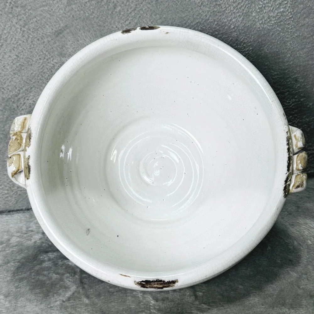 Rustic White Crackle Glaze Stoneware Bowl Planter Farmhouse Cottagecore Decor